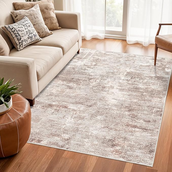 RUUGME Washable Abstract Rug 4X6：Living Room Large Vintage Area Rug Soft Indoor Low Pile Carpet for Bedroom, Dining Room Non-Slip Distressed Floor Decor Machine Washable Mat 4X6 Brick/Brown/Beige