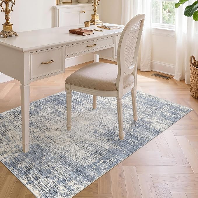 3x4 Washable Area Rug for Entryway: Modern Abstract Stain Resistant Small Rug with Non Slip Rubber Backing Durable Doormat Low Pile Thin Floor Carpet for Kitchen Bathroom Bedroom (Blue Gray,3x4)