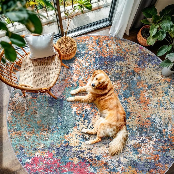 RUUGME Abstract 6ft Round Rug - Large Washable Rugs for Living Room Abstract Colorful Rug Indoor Non Slip Low Pile Carpet Bedroom Soft Foldable Stain Resistant Distressed Thin Mat 6ft Colorful/Multi