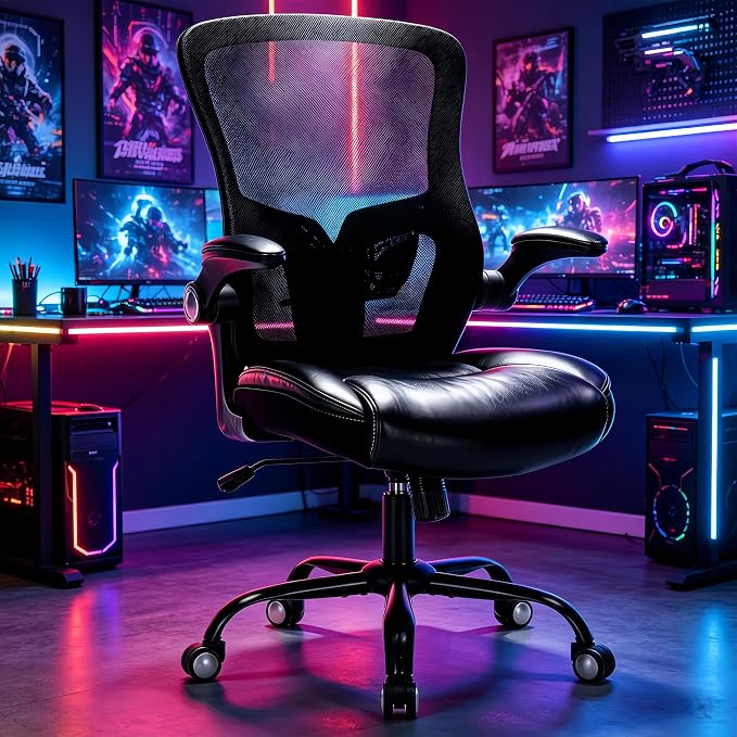 PU Leather Mesh Ergonomic Office Chair with Adjustable Arms Lumbar Support | Adjustable Height High Back Mesh Support with Flip up Armrests, Swivel Task Chairs for Home Office Computer 400BLS