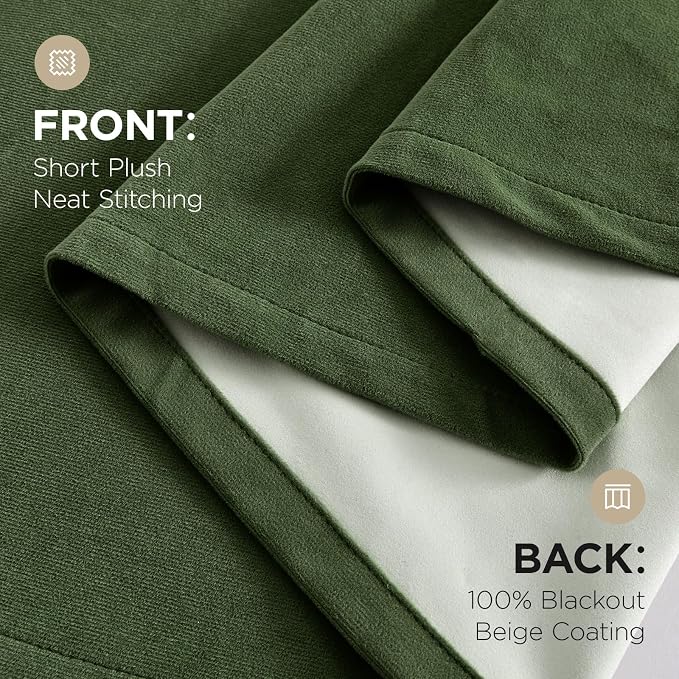 Joydeco Olive Green 100% Blackout Curtains 90 Inch 2 Panels, Luxury Thermal Green Velvet Curtains for Bedroom Living Room, Soundproof Blackout Window Drapes, Rod Pocket & Back Tab (52W x 90L)