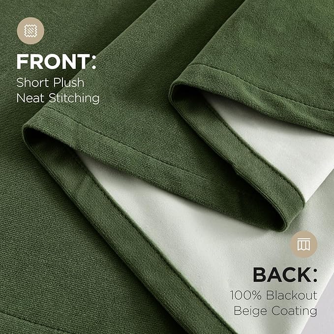 Joydeco Olive Green 100% Blackout Curtains 84 Inch 2 Panels, Luxury Thermal Green Velvet Curtains for Bedroom Living Room, Soundproof Blackout Window Drapes, Rod Pocket & Back Tab (52W x 84L)