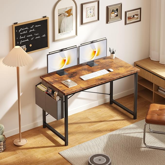 OLIXIS Computer Desk, 47 Inch Home Office Desks for Small Spaces, Writing Craft Study Gaming Table for Bedroom, Modern Computer Workstation with Storage Bag, Rustic Brown