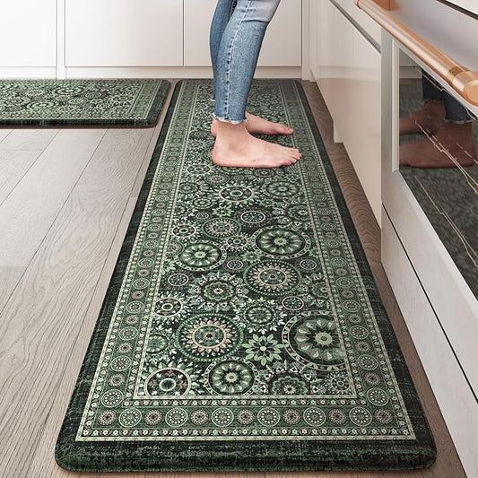 KIMODE Kitchen Mats for Floor Anti Fatigue, Farmhouse Green Kitchen Rugs Sets of 2, Cushioned Kitchen Floor Mats, Comfort Standing Mat for Sink, Laundry, Office, Desk 17"x59"+17"x29"