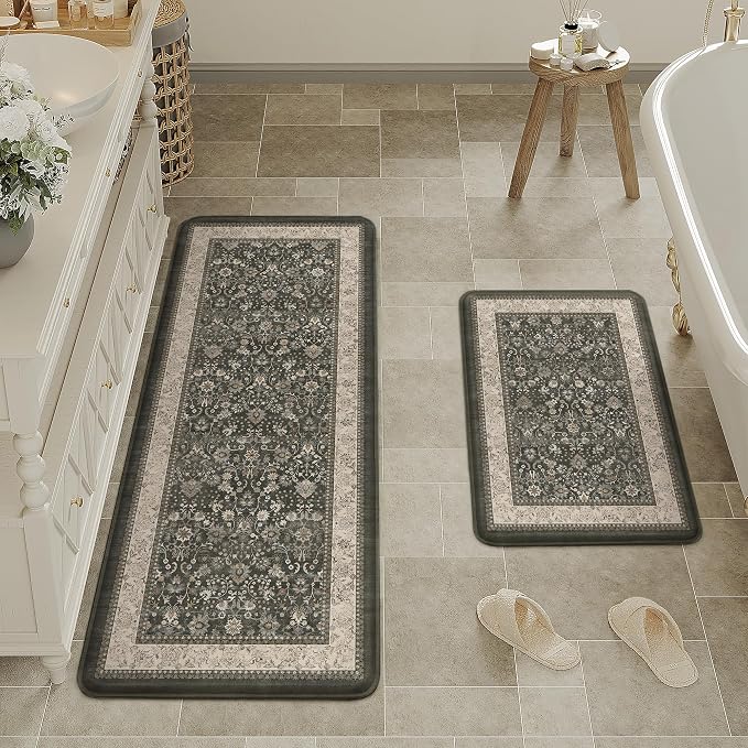 2-Piece Black Vintage Kitchen Mat Set | Washable, Anti Fatigue, Non Slip, Soft, Vintage, Floral, Distressed, Farmhouse, for Sink Entryway Bathroom Laundry