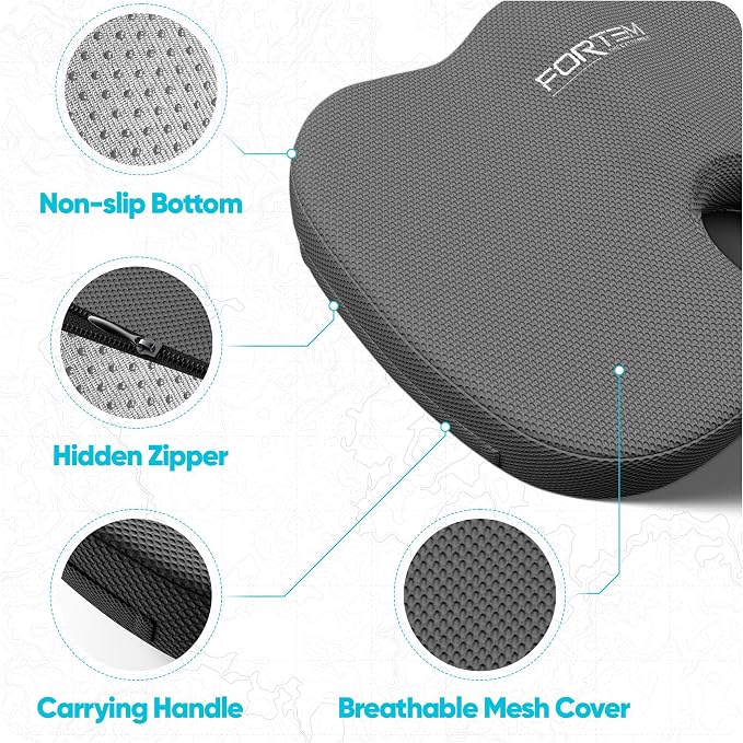 FORTEM Seat Cushion, Office Chair Cushion, Lumbar Support Pillow for Office Chair, Memory Foam Car Seat Cushions, Sciatica Coccyx Tailbone Pain Relief, Cushions for Back Support, Washable, Non Slip