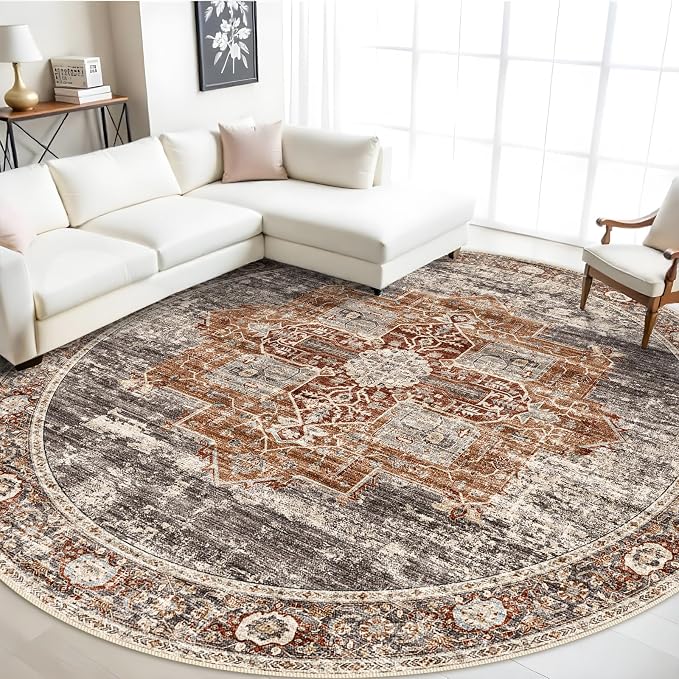 RUUGME Washable 9 ft Round Area Rug - Large Boho Rugs for Living Room Stain Resistant Carpet Vintage Tribal Rugs for Bedroom Kitchen Bathroom with Non Slip Backing Decor Floor Mat 9ft Brick