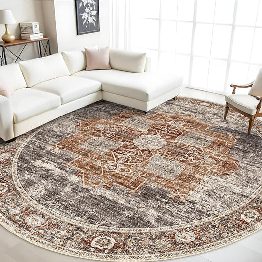 RUUGME Washable 9 ft Round Area Rug - Large Boho Rugs for Living Room Stain Resistant Carpet Vintage Tribal Rugs for Bedroom Kitchen Bathroom with Non Slip Backing Decor Floor Mat 9ft Brick