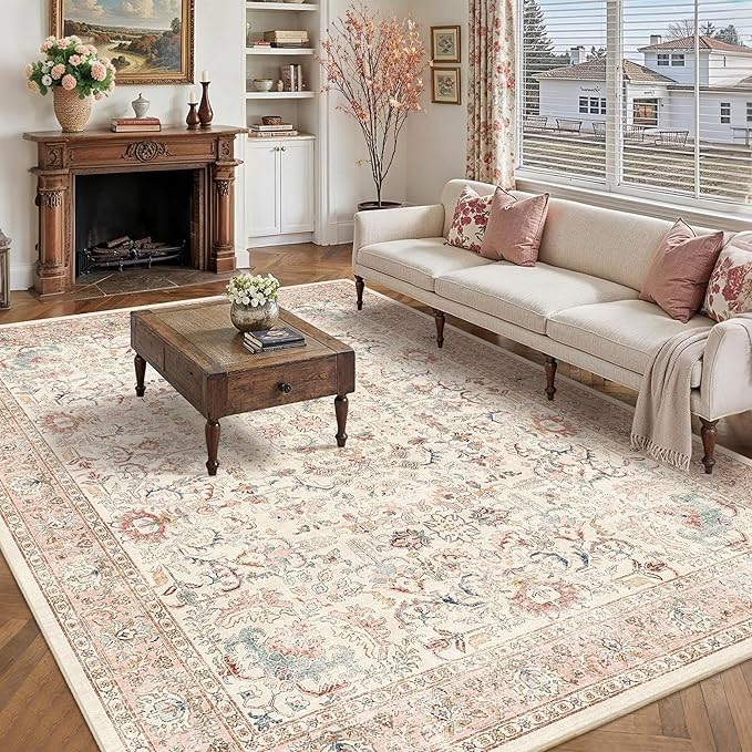 9x12 Pink Washable Area Rugs for Living Room Non Slip Low Pile Vintage Boho Throw Rug Soft Retro Distressed Floral Large Carpet Indoor Farmhouse Decor for Bedroom Dining Room Office Kitchen Playroom