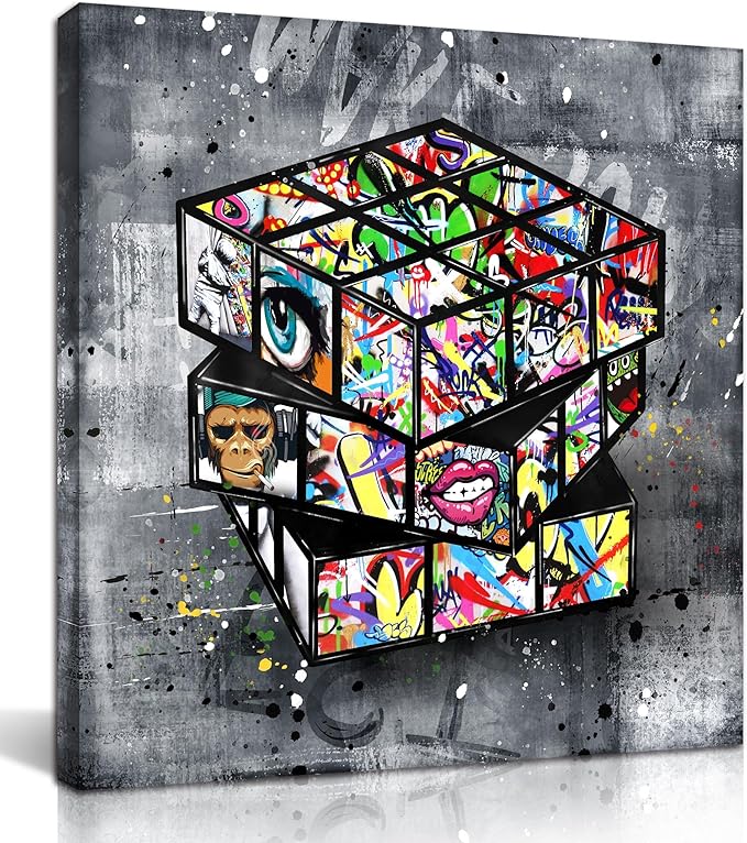 SIXTTART Banksy Canvas Wall-Art For Living Room - Street Graffiti Wall Art for Bedroom - Large Abstract Painting Pop Art Modern Home Office Decor 20" W x 20" H Stretched And Framed Ready to Hang