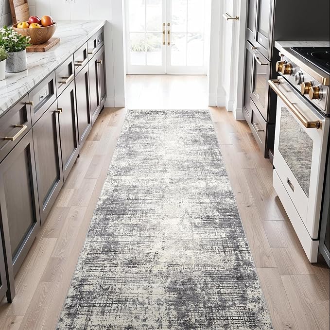 3x6 Kitchen Washable Runner Rug - Non-Slip Hallway Rugs with Rubber Backing Abstract Neutral Low-Pile Carpet Runners for Laundry Room Home Decor Bedroom Bathroom Entryway (Gray Beige,3x6)