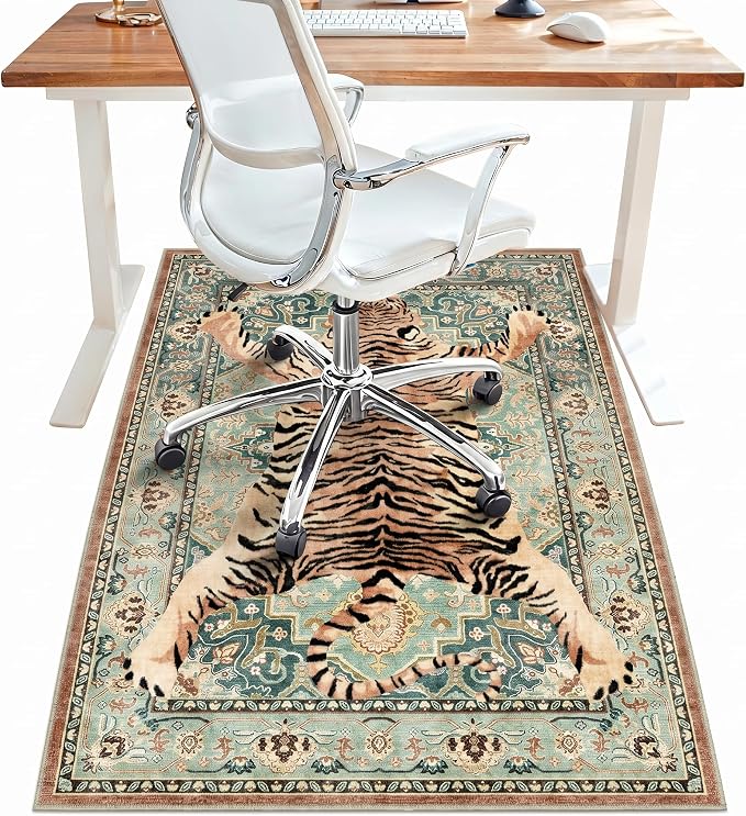 36"x48" Office Chair Mat for Hardwood Tile Floor, Under Desk Carpet Protector for Rolling Computer Chair Mat, Machine Washable Area Rug, Anti-Slip 1/5" Thick Low Pile Thin Vinyl Floor Mat, Tiger Green