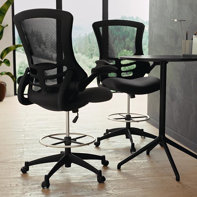 Flash Furniture Kelista Mid-Back Swivel Office Chair with Adjustable Seat Height, Ergonomic Mesh Desk Chair with Flip-Up Armrests, Black | Adjustable Foot Ring, Mid-Back, Flip-Up Arms, Mesh Back