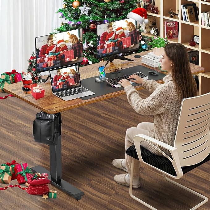 farexon Electric Standing Desk Adjustable Height, 63x24 Inches Computer Gaming Desk with Rolling Wheels, Mouse Pad,Multifunctional Stand up Desk for Home/Office(Brown)