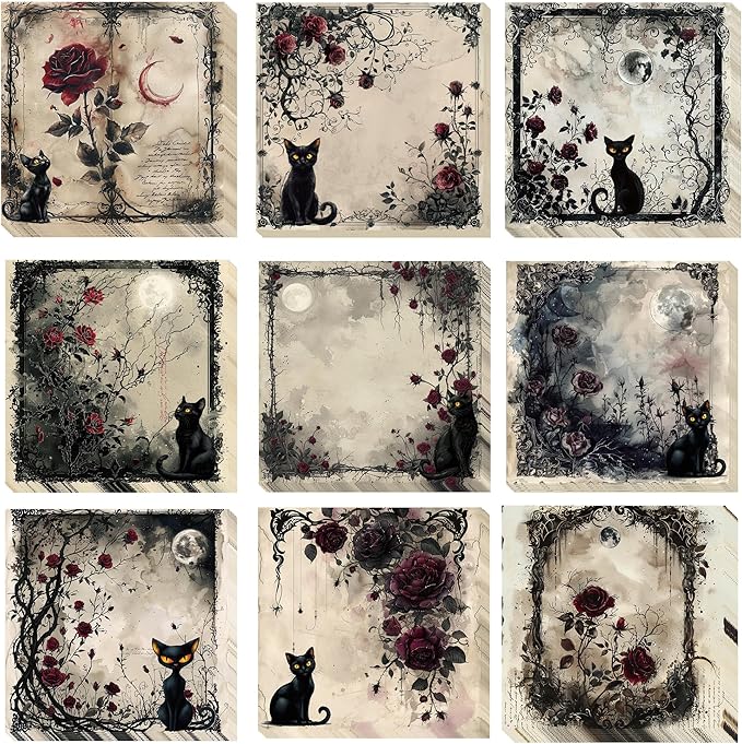 9 Pack Gothic Black Cat Sticky Notes Set, 450 Sheets Vintage Rose Moon Self-Stick Notepads, Aesthetic Witchy Office Supplies and Gifts for Women
