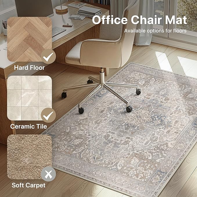 48"x72" Office Chair Mat for Hardwood Tile Floor, Under Desk Carpet Protector for Rolling Computer Chair Mat, Machine Washable Area Rug, Anti-Slip 1/5" Thick Low Pile Thin Floor Mat, Khaki Blue