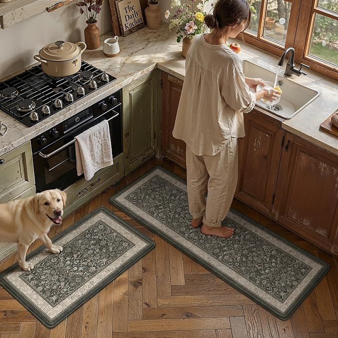 2-Piece Black Vintage Kitchen Mat Set | Wider, Washable, Anti Fatigue, Non Slip, Soft, Vintage, Floral, Distressed, Farmhouse, for Sink Entryway Bathroom Laundry