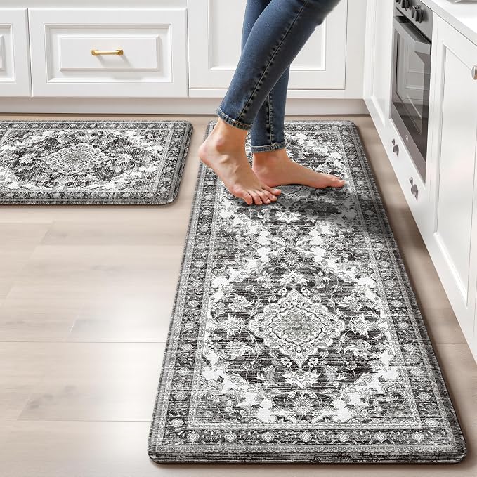 Boho Kitchen Mats for Floor 2 Piece Set Anti Fatigue Cushioned PVC Kitchen Rugs Non Slip Waterproof Farmhouse Mats 2/5 Inch Comfort Standing Mat for Sink, Laundry, 17.3"x59"+17.3"x28", Dark Grey