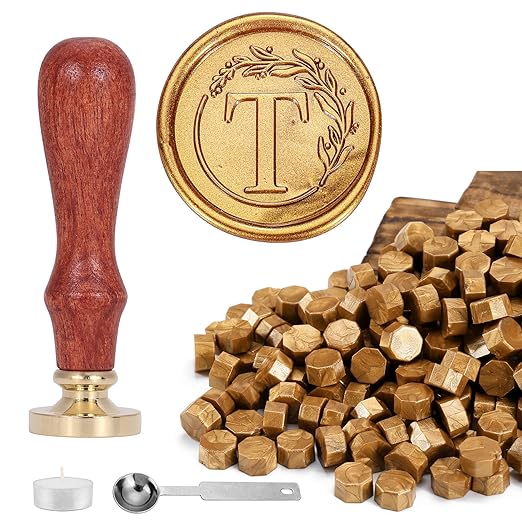 Yoption Letter Wax Seal Kit, Vintage Initial Alphabet T With Wreath Stamp and 120 Antique Gold Seal Beads