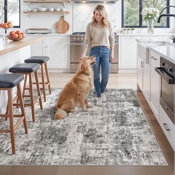 ZHXXUJ Washable 6x6 Square Area Rug – Non Slip Modern Abstract for Kitchen Dining Room Living Room – Low Pile Thin Soft Indoor Rug (Grey)