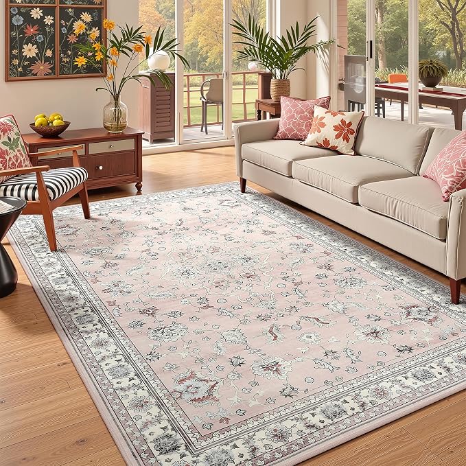 5x7 Light Pink Washable Boho Area Rug for Living Room, Vintage Floral Non Slip Bedroom Rugs, Wool Low Pile Indoor Mat, Aesthetic Pattern Carpet for Kitchen, Office and Kids Room
