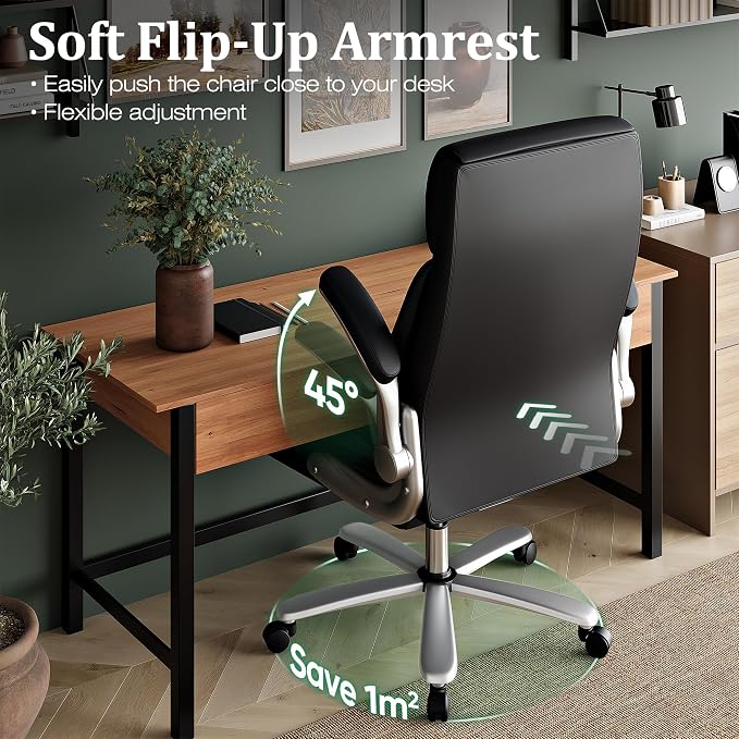Executive Office Chair, Ergonomic Desk Chair, 500lbs Heavy Duty Comfy Computer Chair with Adjustable Lumbar Support, Flip-up Arms, Wide Thick Seat, High Back Office Chair for Back Pain