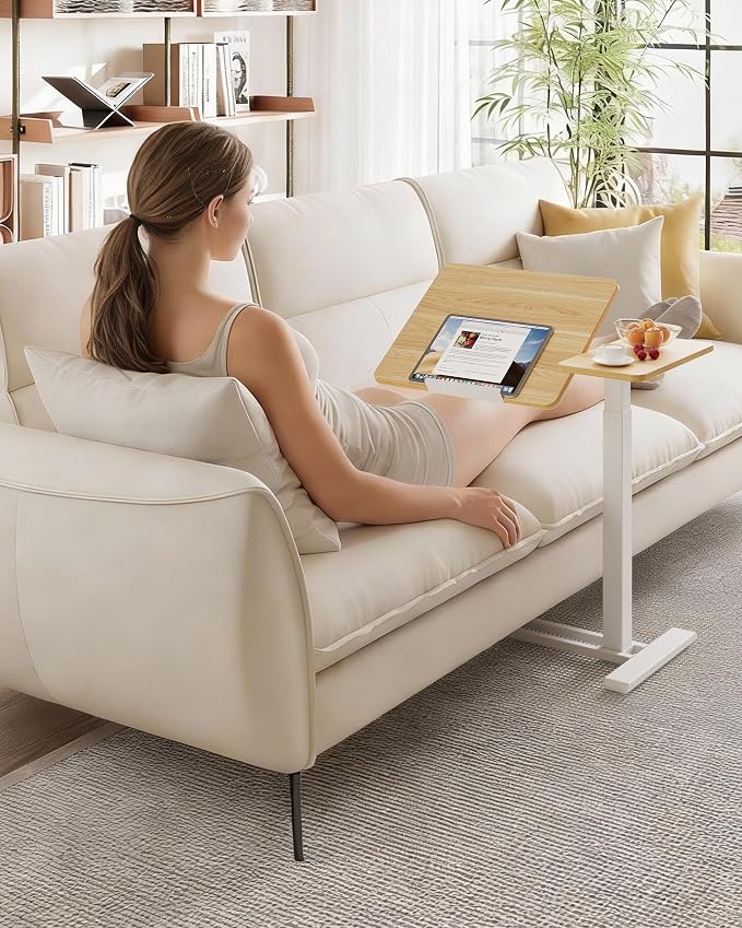 SANODESK 28''Overbed Table Gas Spring Lifting with Wheels&Tilting Desktop | Rolling Mobile Laptop Desk End Table,Portable Computer Workstation for Home Office,Sofa,Bedside,27.6" W x 15.7" D,Maple
