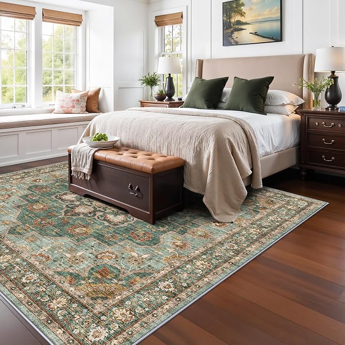 TOPRUUG Washable 7x7 Rug Square - Soft Living Room Area Rug for Under Sofa Non-Slip Rugs for Bedroom Dining Room - Stain Resistant Farmhouse Decor for Family with Pets & Kids (Green, 7x7)