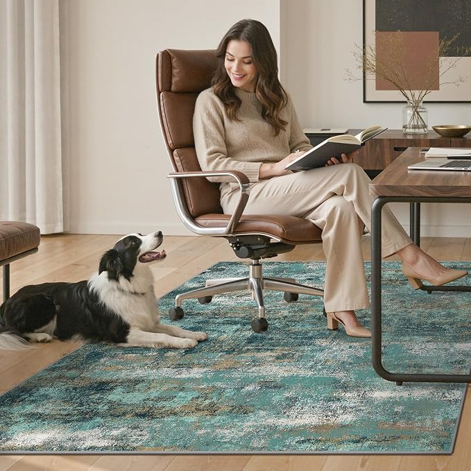 36"x60" Office Chair Mat for Hardwood Tile Floor, Under Desk Carpet Protector for Rolling Computer Chair Mat, Machine Washable Area Rug, Anti-Slip 1/5" Thick Low Pile Thin Vinyl Floor Mat, Teal Blue