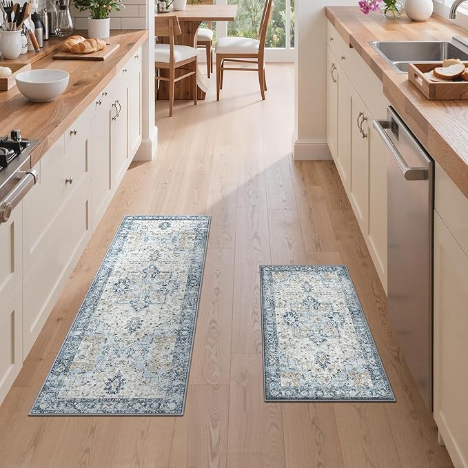 GENIMO Kitchen Rugs Non Slip Washable, 2PCS Kitchen Mats for Floor, Cushioned Standing Mat, Kitchen Runner Rug Floor Mat for Kitchen Decor, Laundry, Sink, Entryway, Home, 20"x32"+20"x48", Blue