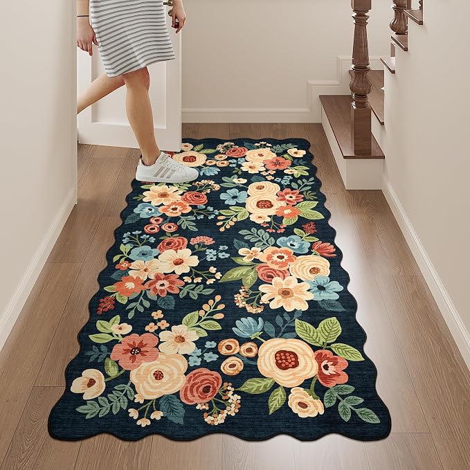 DUKINO 2x4 Washable Runner Rugs, Non Slip Floral Print Entryway Rug with Soft Low Pile, Lightweight Mat for Living Room, Bathroom, Bedroom, Kitchen, Navy Blue