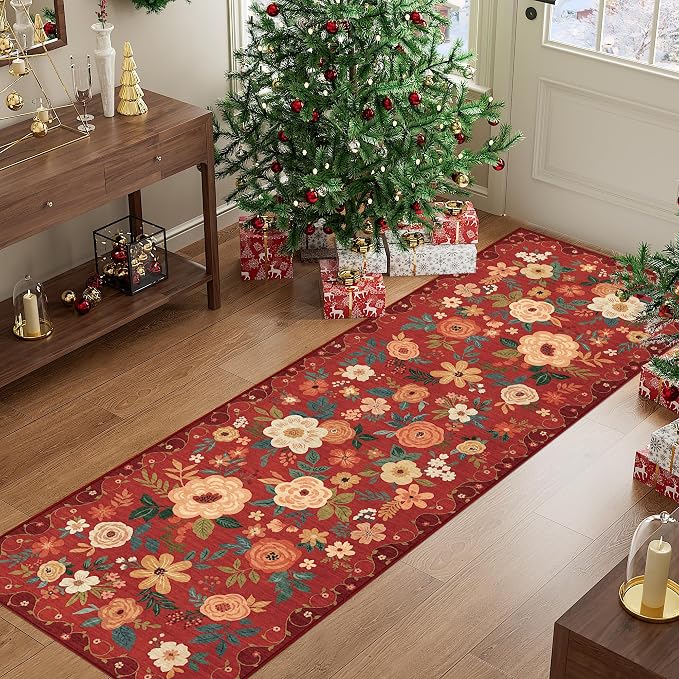 DUKINO 2x6 Runner Rug for Hallway, Washable Kitchen Runner Rug with Non Slip Backing, Low Pile Soft Boho Floral Runner for Kitchen, Hallway, Entryway, Laundry, Bedroom, Red