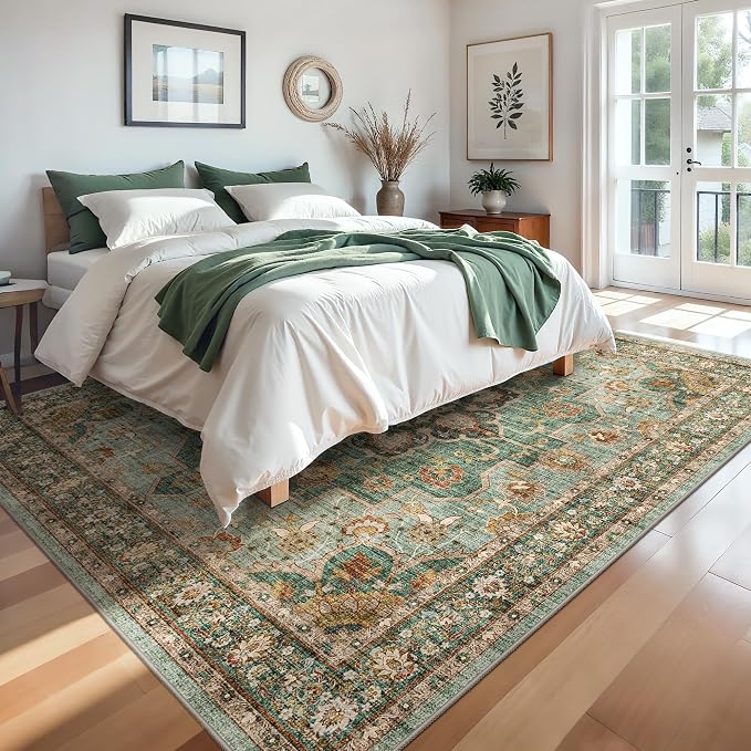 TOPRUUG Green Living Room Rug - Washable 9x9 Area Rug for Dining Room Under Table Oriental Soft Low Pile Carpet for Bedroom - Vintage Design Retro Indoor Decor (Green, 9x9)