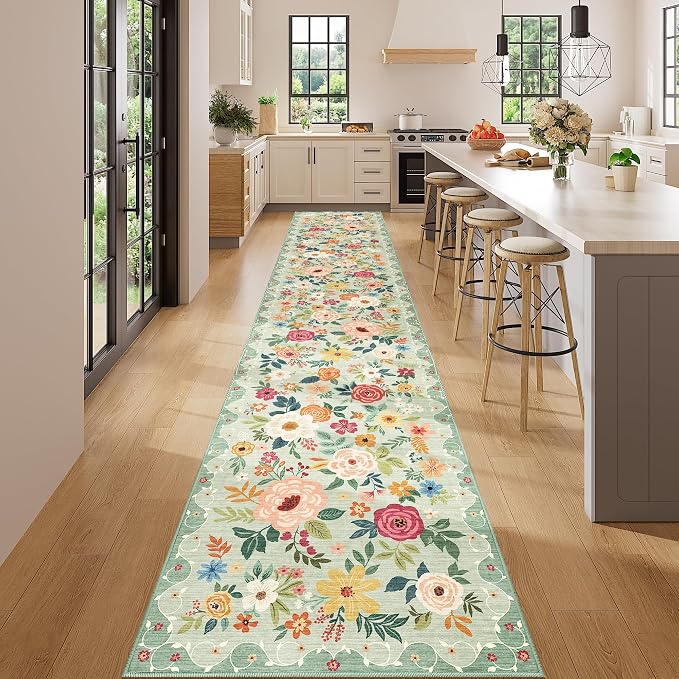 DUKINO 2.6x14 Kitchen Runner Rug, Lightweight Floral Washable Rug for Hallway, Boho Low Pile & Non Slip Backing Soft Floor Carpet for Entryway, Bedroom, Bathroom, Laundry, Green