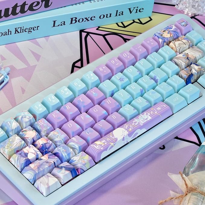 Japanese Anime Keycaps, Cherry Profile PBT Keycap 130 Keys, Blue and Purple Custom Key Cap Dye-Sub Manga Key Caps Set for 60% 65% 75% 100% Gateron Mechanical Keyboard