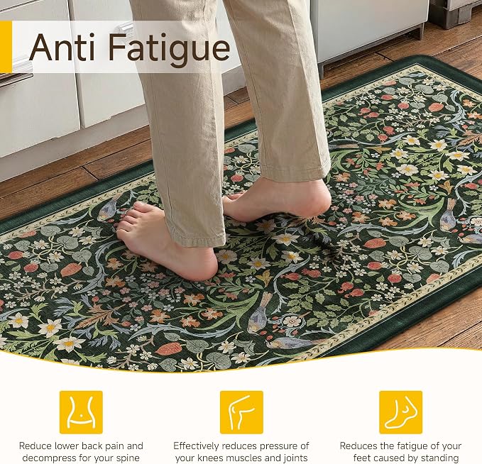 PureCozy Kitchen Mats for Floor 2PCS Anti Fatigue Cushioned Mat Non Slip Comfort Kitchen Rugs Vintage Floral Waterproof Standing Dark Green Mat for Sink Laundry Office Desk 17.3"x47"+17.3"x30"