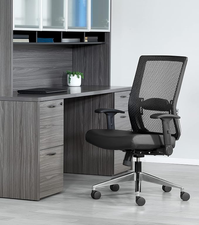 Space Seating 867A Series Adjustable Manager's Office Chair with Breathable Matrix Back and Padded Flip Arms, Antimicrobial Dillon Black Faux Leather