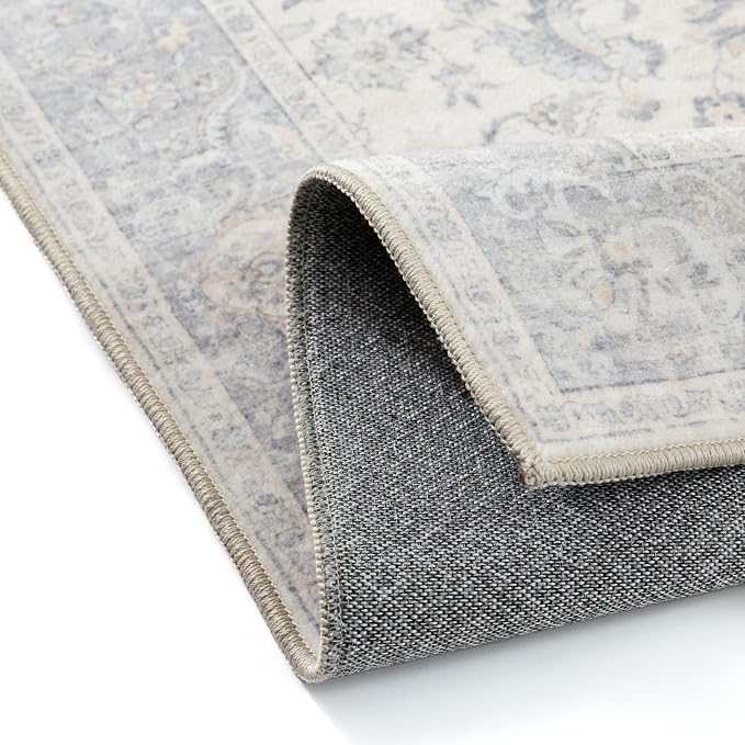 PureCozy 5x7 Area Rug Washable Neutral Gray Living Room Bedroom Vintage Carpet Non Slip Low Pile Soft Floral Indoor Grey Throw Rug for Dining Room Kitchen Office