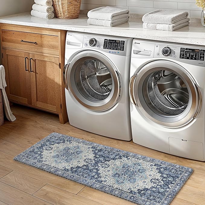 GENIMO Anti Fatigue Kitchen Mats for Floor 2PCS, Cushioned Standing Mats | 17.3"x47"&17.3"x30", Navy Blue vintage boho rug set, waterproof, non-slip, easy-clean for home laundry sink farmhouse