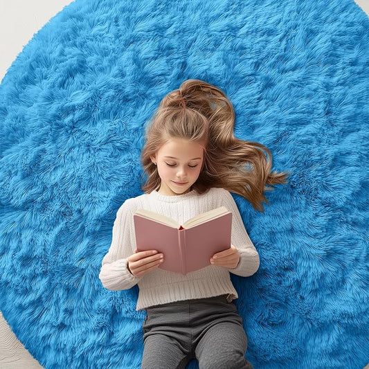 OLANLY Bright Blue Round Rugs for Bedroom - Machine Washable, 5 ft Circle Area Rugs for Living Room, Soft and Fluffy Shaggy Carpet for Teen Girl and Boys, Nursery Rooms, Dorms, Home Decor Aesthetic