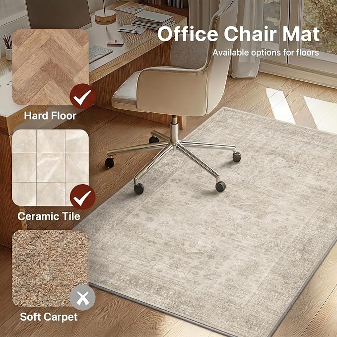48"x60" Office Chair Mat for Hardwood Tile Floor, Under Desk Carpet Protector for Rolling Computer Chair Mat, Machine Washable Area Rug, Anti-Slip 1/5" Thick Low Pile Thin Vinyl Floor Mat, Ivory