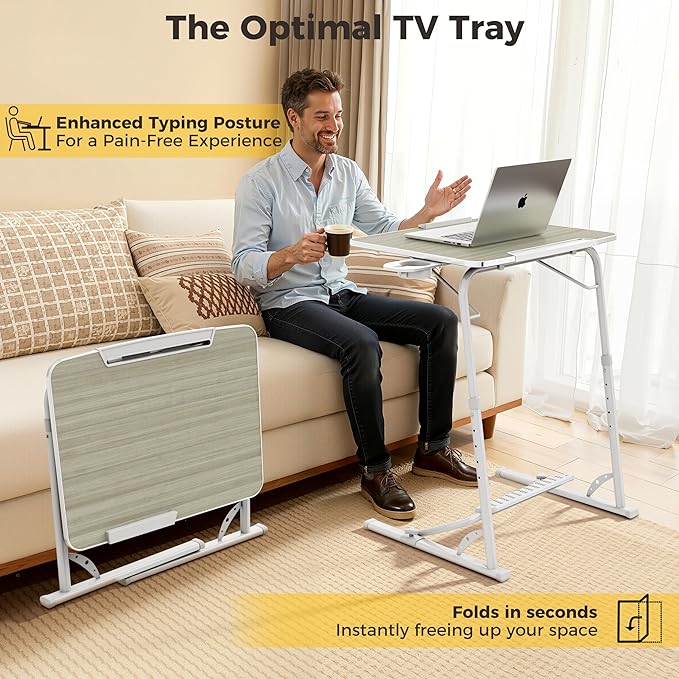 FoldWise Upgraded Folding TV Tray Table - Extra Large & Sturdy Laptop Table for Couch, Height & Angle Adjustable Desk for Dinner, Work & TV - Includes Footrest, Cup Holder, iPad Holder & Edge Stopper