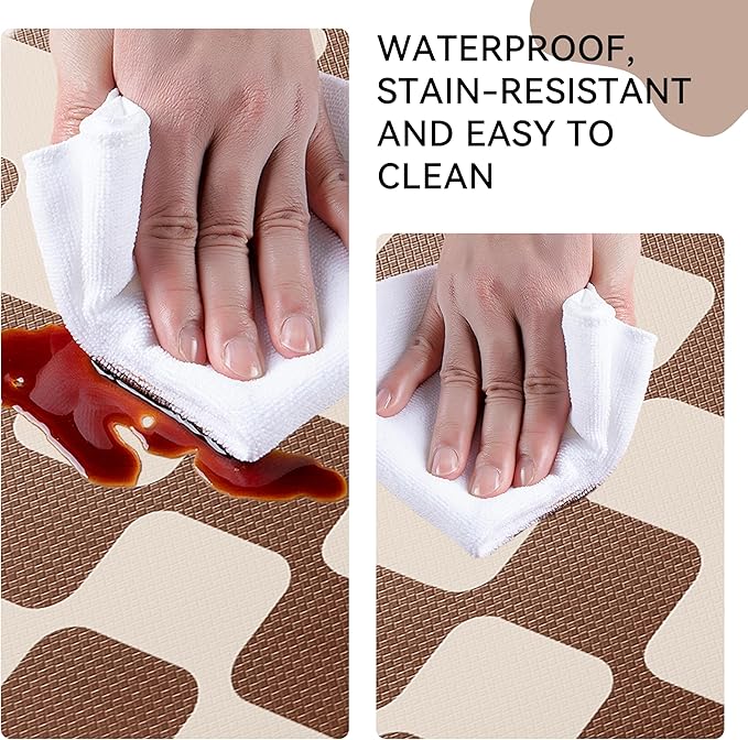 Khaki Beige Retro Curvy Checkered Grid Checkerboard Kitchen Rug Sets [2 PCs], Anti-Fatigue, Waterproof Non-Slip Kitchen Mats Heavy Duty Comfort Foam Rug for Floor, Home, Laundry,17"x29"+17"x47"