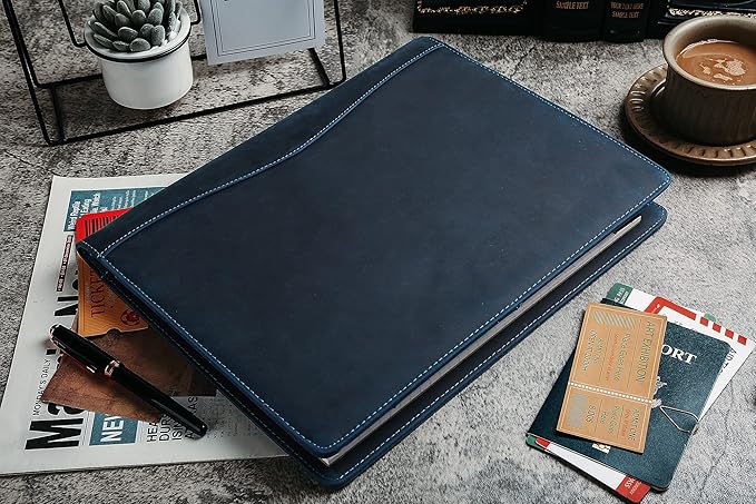 DUKE&COW Personalized Leather Portfolio for Men, Engraved Clipboard Portfolio Binder, Custom Leather Resume Padfolio for Women for His/Her (Clipboard, Blue)