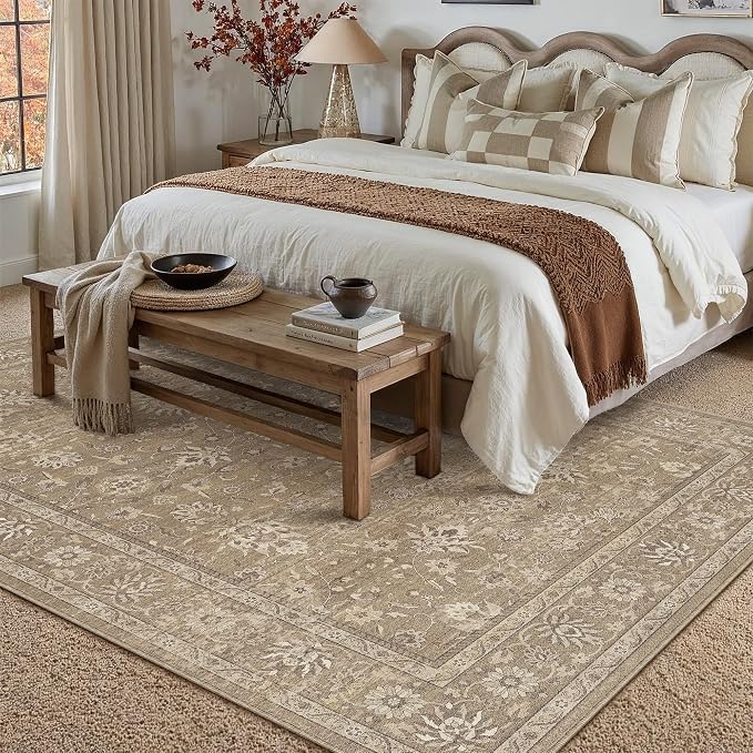 PureCozy 6x9 Area Rug Brown Washable Vintage Carpet Living Room Bedroom Large Non Slip Stain Soft Resistant Low Pile Thin Boho Accent Indoor Throw Rug for Dining Room Office