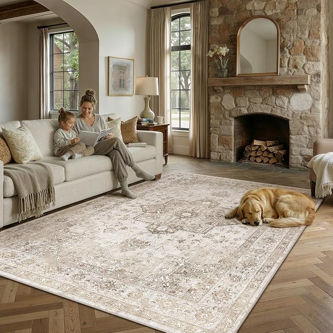 PureCozy Taupe 5x7 Area Rug Washable Vintage Living Room Carpet Non Slip Retro Distressed Low Pile Soft Oriental Medallion Thin Throw Rug for Kitchen Bathroom Office Bedroom Dining Room