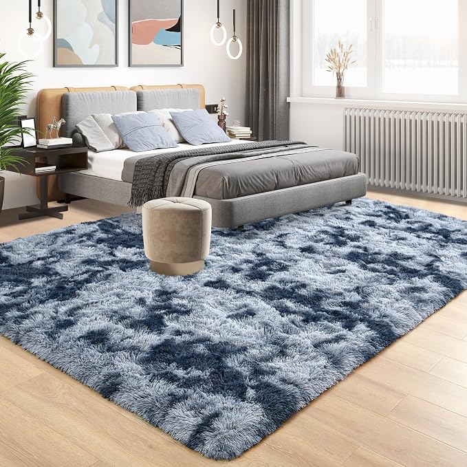 Tepook Soft Fluffy Rugs for Bedroom, 4x6 Area Rug for Living Room, Modern Shaggy Room Rug for Kids Boys Girls, Plush Throw Rugs Indoor Nursery Home Decor Rug with Non-Slip Bottom, Tie-dye Dark Blue