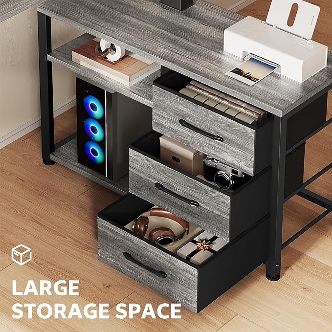 47 Inch L Shaped Desk with 3 Drawers Electric Standing Desks with Storage Computer Table Adjustable Height with Power Outlets 4 Memory Presets for Home Office, Grey
