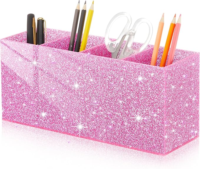 Jetec Acrylic Glitter Pen Holder 4 Compartments Bling Makeup Brush Stationery Organizer Pencil Holder for Desk Accessories Sparkly Gifts for Women Birthday Valentines Desktop Workplace Office(Pink)