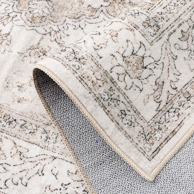 PureCozy Beige Area Rug 10x12 Washable Living Room Carpet Vintage Non Slip Soft Bedroom Indoor Office Retro Low Pile Thin Oriental Medallion Large Rug for Dining Room Bathroom Playroom
